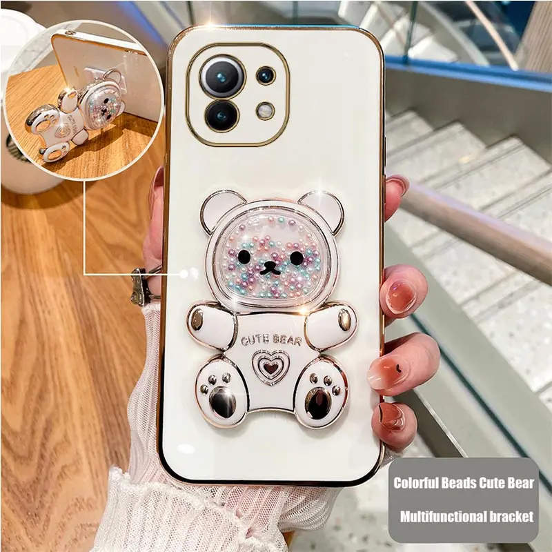 Cute Quicksand Bear Holder Plating Phone Case For Xiaomi Mi 12T 11T 12 13 10 11 Lite Mi13 13 Pro 13Lite 5G 8 9 9T Stand Cover