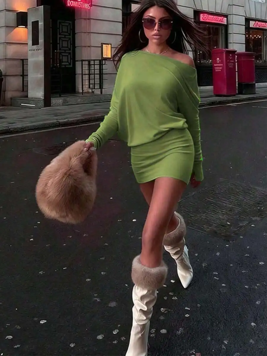 

Women Off Shoulder Long Sleeve Bodycon Mini Dress Solid Ruched Waist Casual Dress