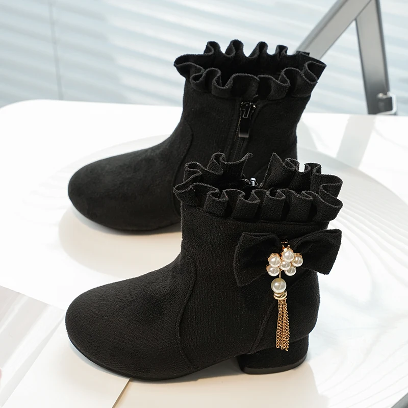 الفتيات الصغيرات الأسود كشكش طوق الأحذية الجلدية مع لامعة مطرز القوس 2025 جديد الشتاء الاطفال مدرسة حفلة أحذية بوت قصيرة عدم الانزلاق شيك