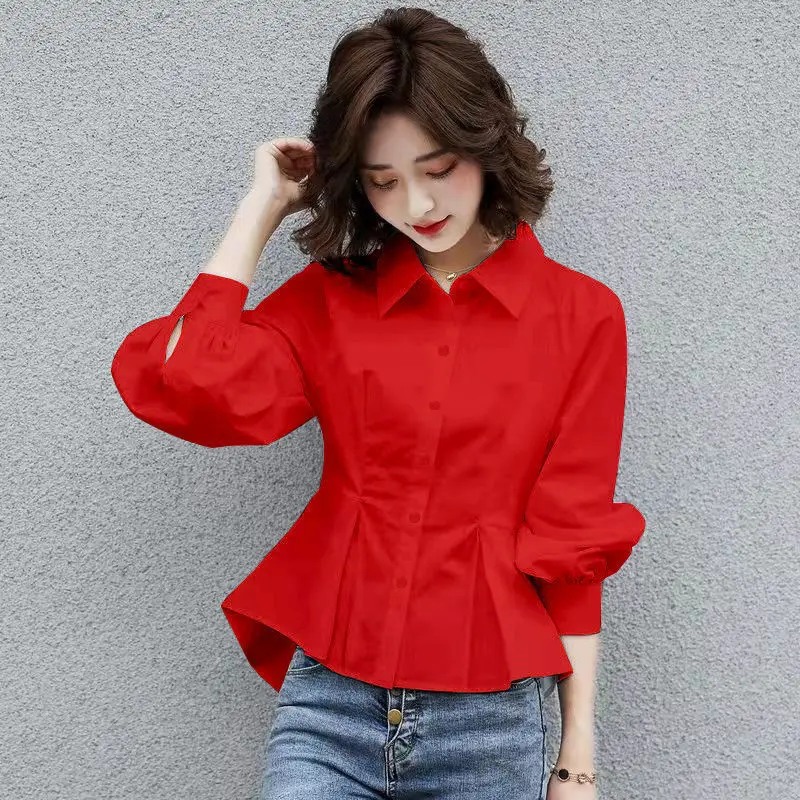 Stylish Lapel Button Spliced All-match Folds Lantern Sleeve Shirt Women\'s Clothing 2022 Autumn New Casual Tops Loose Chic Blouse