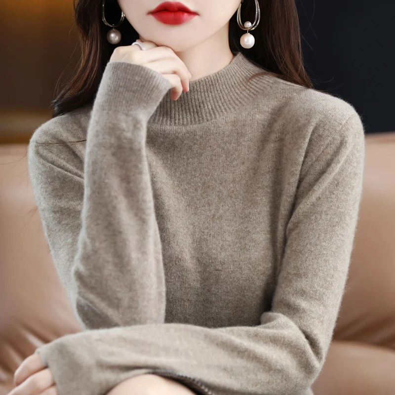 Classic Women knitting Cashmere Pullover Fashion Wool Sweater Half High Neck Long sleeves Slimming style Warm Winter Basic Tops