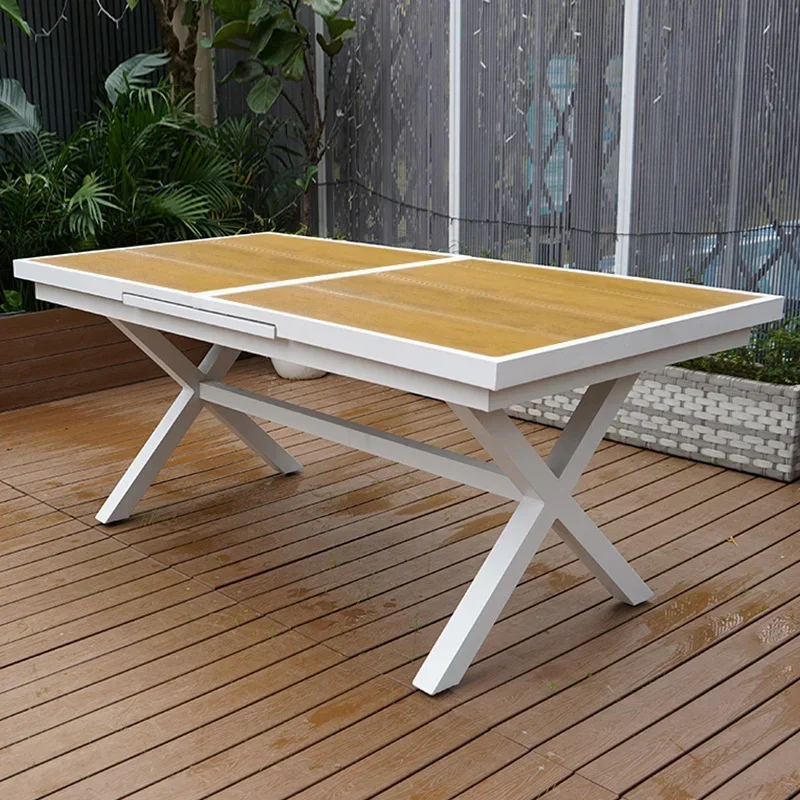 

Villa outdoor preservative wood long table leisure courtyard outdoor round outside table and chair
