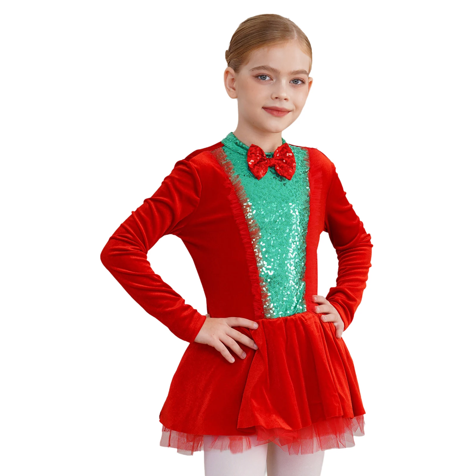 Kids Girls Christmas Dance Tutu Dress Long Sleeve Sequin Velvet Ballet Figure Skating Leotard Carnival Party Performance Costume