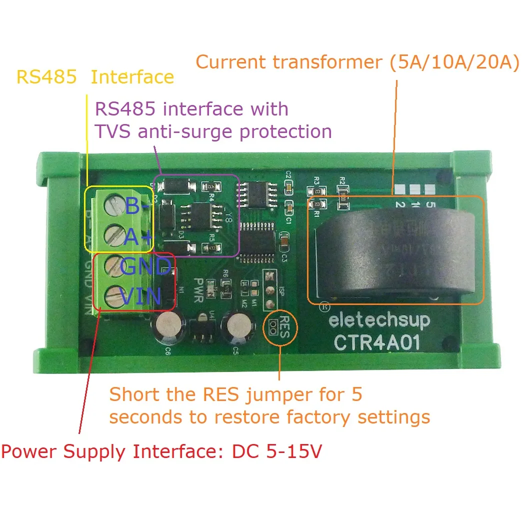 CTR4A01 110 220V 50HZ/60HZ RS485 Collettore di corrente Amperometro MODBUS PLC Acquisizione analogica di corrente Modulo misuratore trasformatore CA