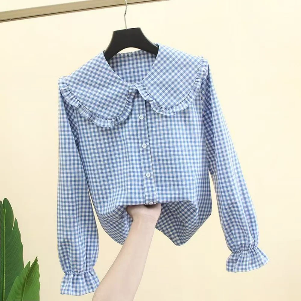 Korean Style Clothes For Woman French Plaid Shirt Women's Spring Autumn Kawaii Lolita Cotton Doll Collar Top Ladies Tops Elegant
