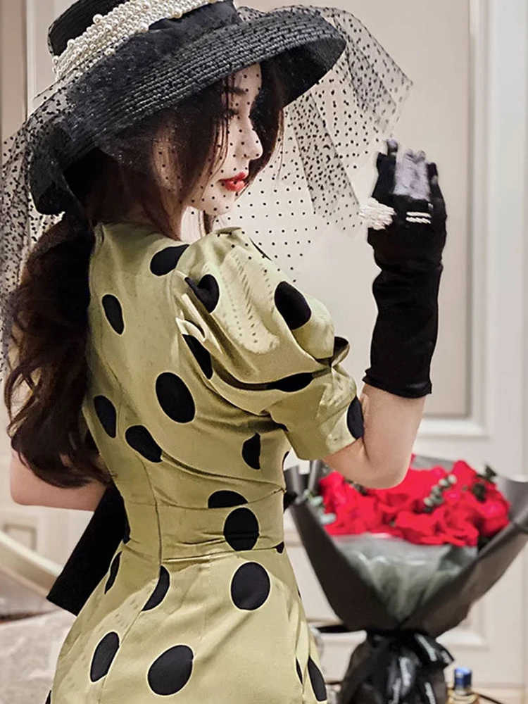 Women Clothes Formal Occasion Retro Dot Print Puff Sleeve Slim Midi Pencil Dress Elegant Lady Party Vestido Casual Summer Korean