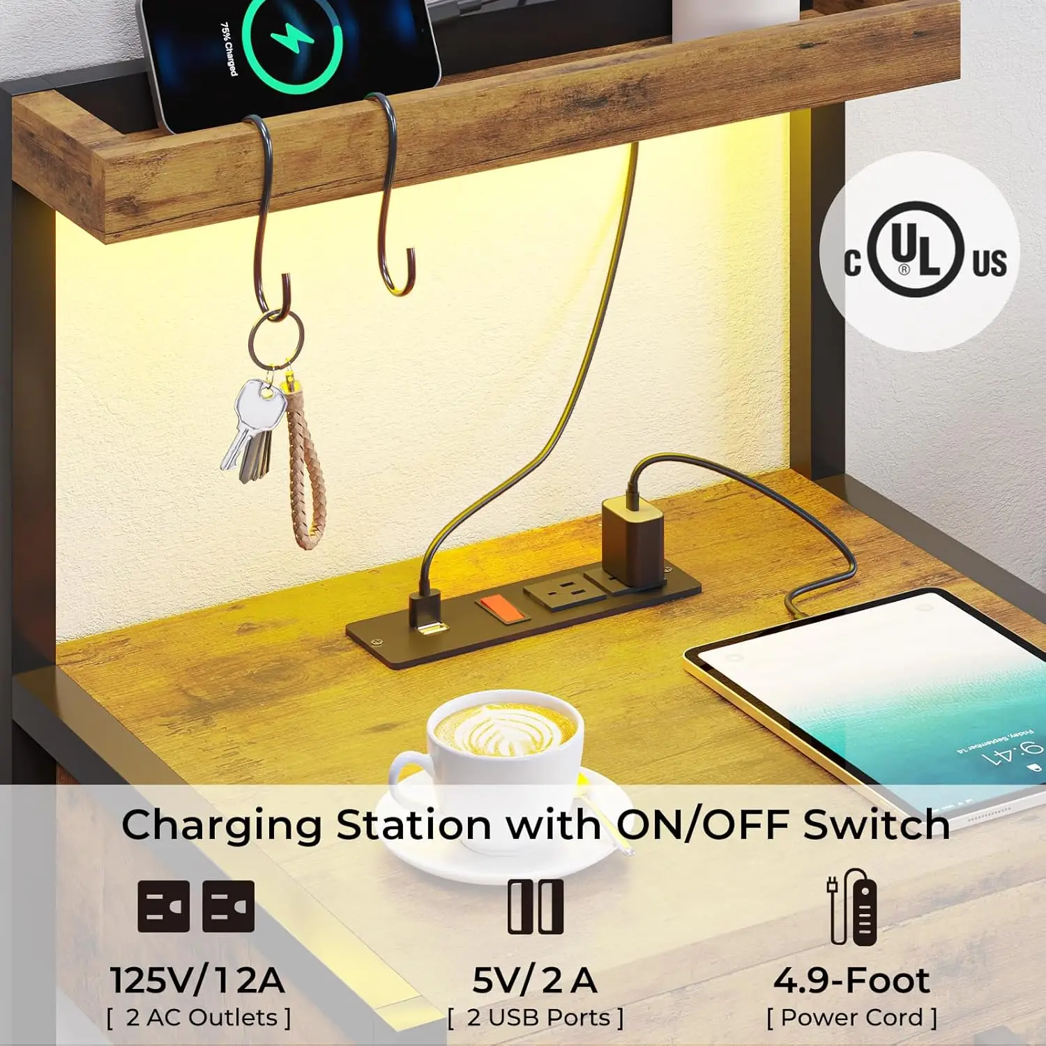 Led Nightstand with Charging Station, 3 Drawers Night Stands with Led Lights