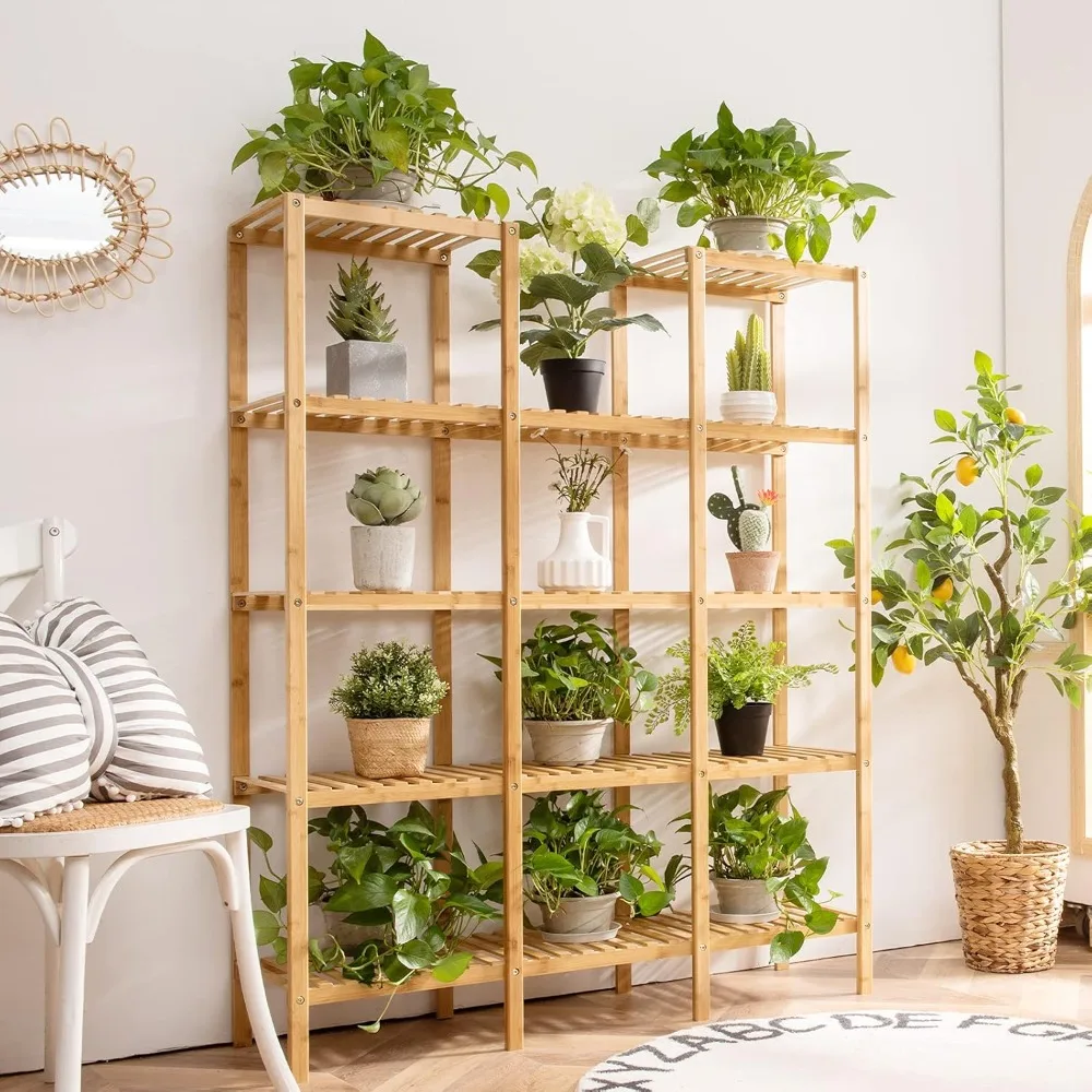 Soporte para plantas de interior, organizador de exhibición de plantas de bambú de 5 niveles con soporte para múltiples plantas, estante para plantas al aire libre