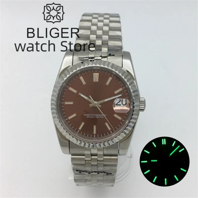 36mm39mm NH35A Automatic Men\'s Mechanical Watch Coffee Color Dial Recessed Bezel Sapphire Glass 316L Bracelet Green Luminous