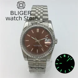 36mm39mm NH35A Automatic Men's Mechanical Watch Coffee Color Dial Recessed Bezel Sapphire Glass 316L Bracelet Green Luminous