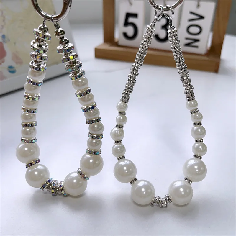 

Fashion Luxury Double Bead Rhinestone Hand Chain Wrist Strap Short Lanyard Mobile Phone Charm Accessory