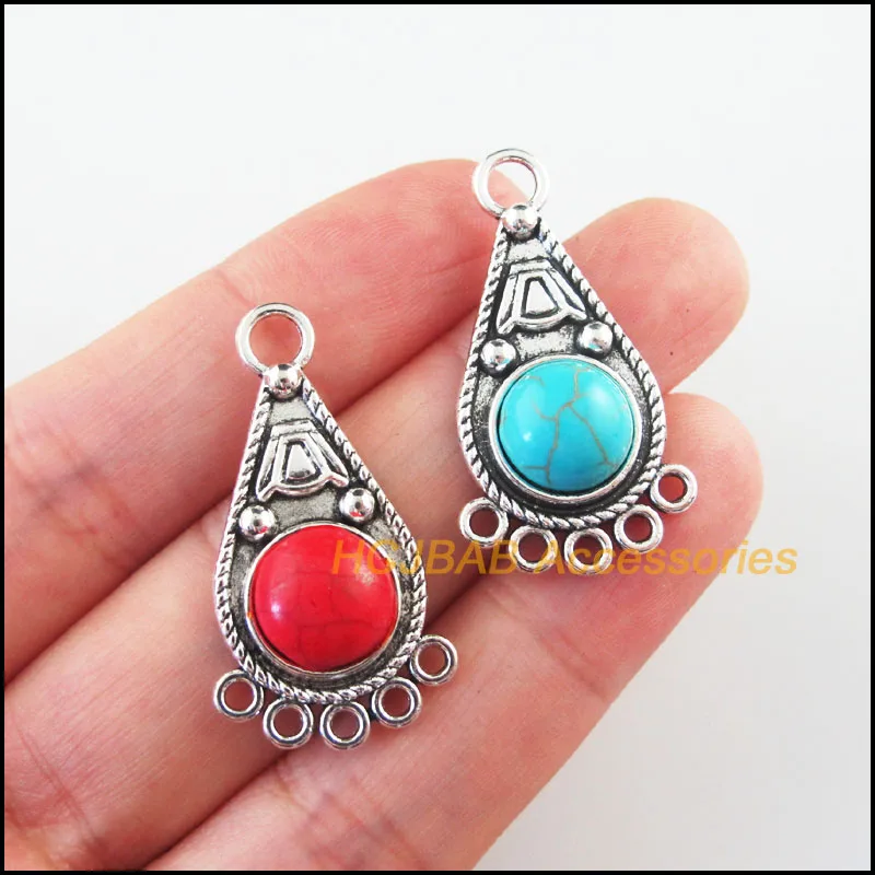 

Fashion 8Pcs Retro Tibetan Silver Tone Flower Teardrop Blue&Red Stone Charms Connectors 21x35mm