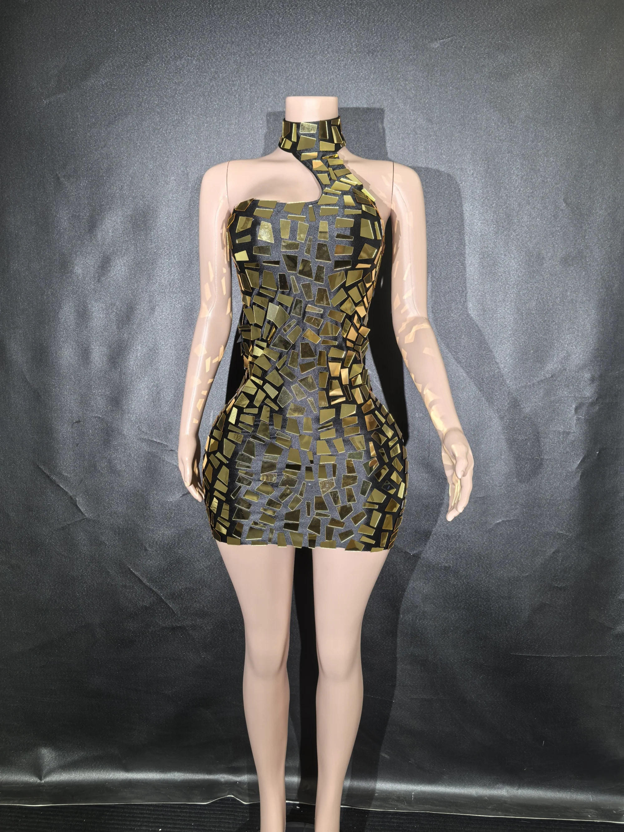 

SexyStretch Costume Outfit Prom quaboSleevelessBirthday Celebrate New DesignedShining Silver Mirrors MIni Dress 7G