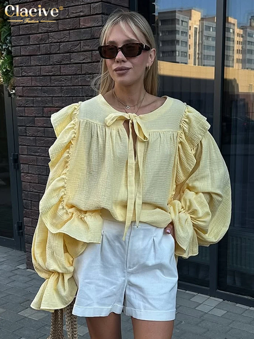 

Clacive Fashion Loose Yellow Cotton Women's Blouse Casual O-Neck Long Sleeve Shirt Elegant Classic Ruffle Tops Female Clothing