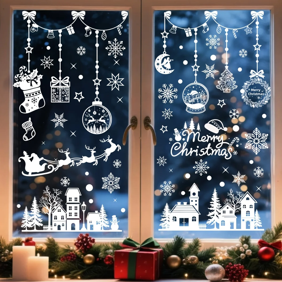 9 Blatt statische Weihnachts-Fensteraufkleber, nahtlos und einfach zu – „Merry Christmas“-Buchstaben mit Schneeflockenmotiv – Weihnachtsbaum