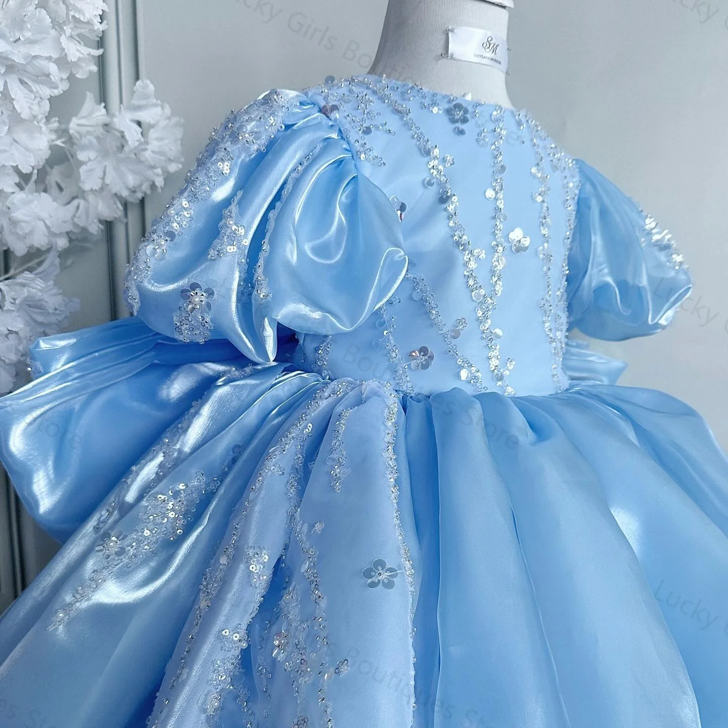 Blue Satin Flower Girl Dresses Glitter Sequins Little Girls Birthday Gowns Charming Bows Children Photography Gowns