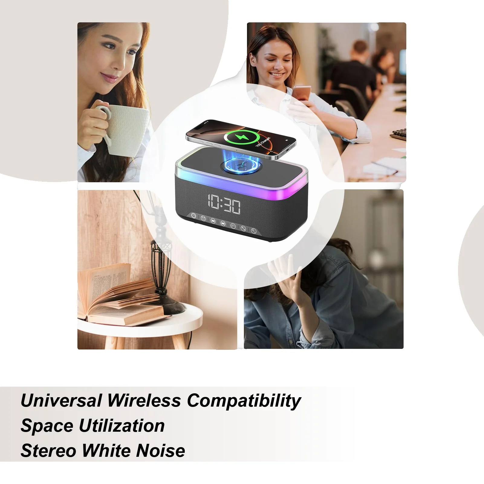 

Будильник, беспроводное зарядное устройство, машина с белым шумом, цифровая беспроводная зарядка, динамик для прикроватной тумбочки, спальни, ночного времени, домашнего сна