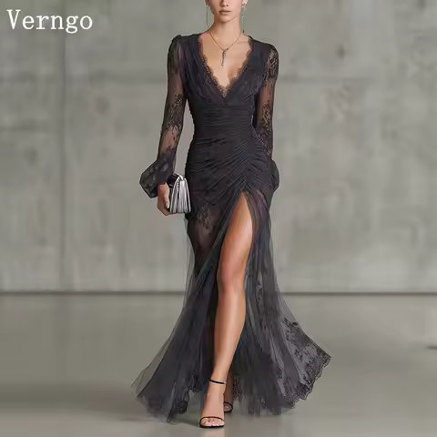 Verngo Black Lace Evening Dress V Neck Full Sleeves A Line Mermaid Prom Formal Occasion Dress Elegant Party Dress Customized