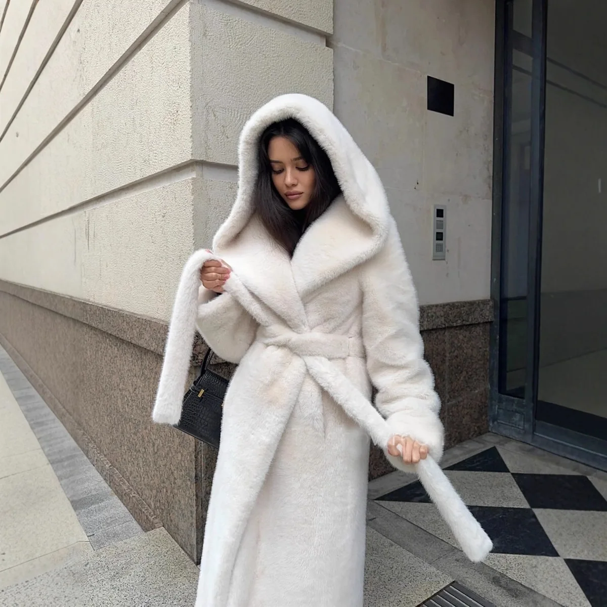 Elegant Belted Faux Mink Fur Coat Women 2026 Winter Beige Gradient Furry Fur Jacket Luxury Hooded Thick Warm Outerwear Overcoat