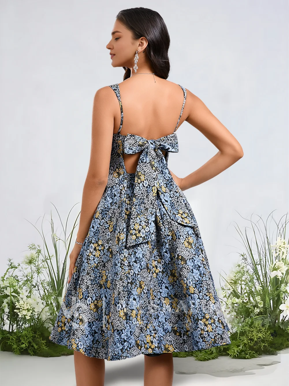 A를 입력하세요 ​ 2025년 우아한 A라인 스퀘어 넥 자카드 무릎 길이 드레스, 블루 플로럴 프린트 홈커밍 드레스, 보우 디테일, 프롬/칵테일 드레스