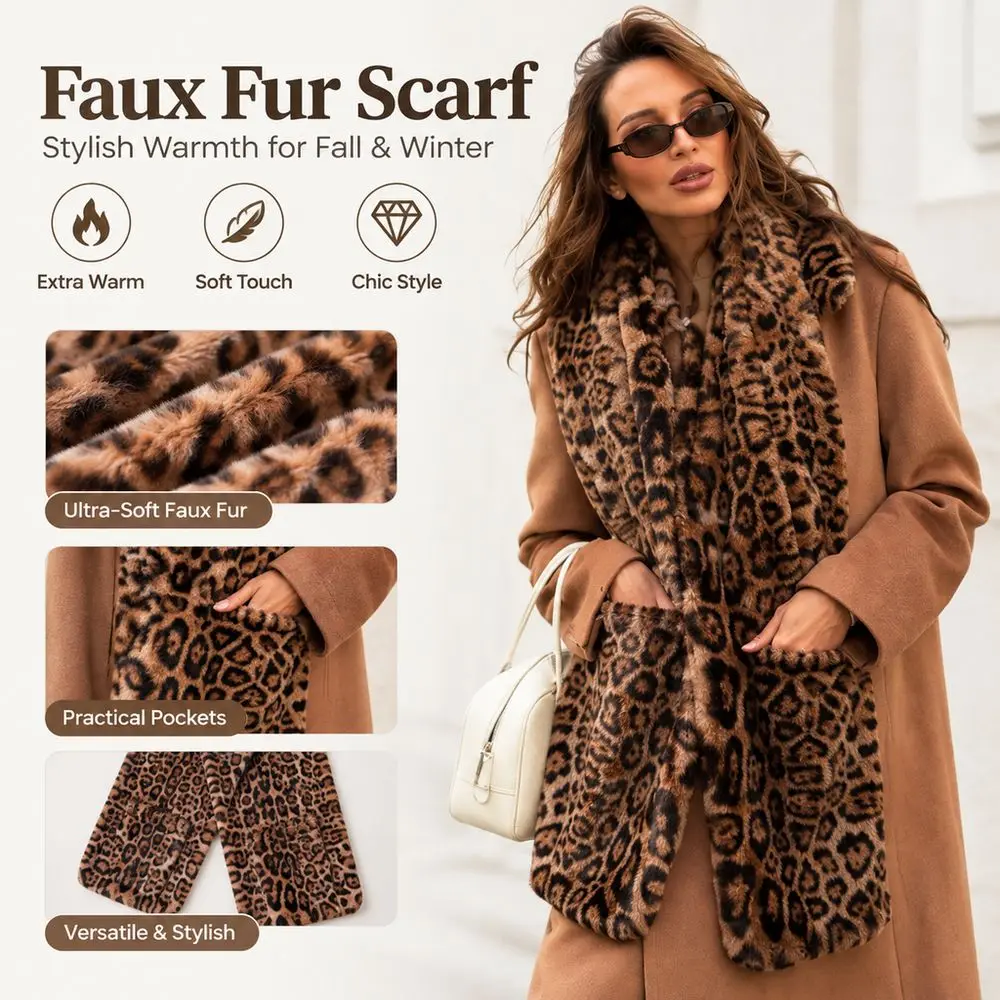 High Quality Extra Long Faux Fur Scarf Faux Fur Leopard Print Leopard Print Scarf Practical Pockets Warm Winter Neck Warmer