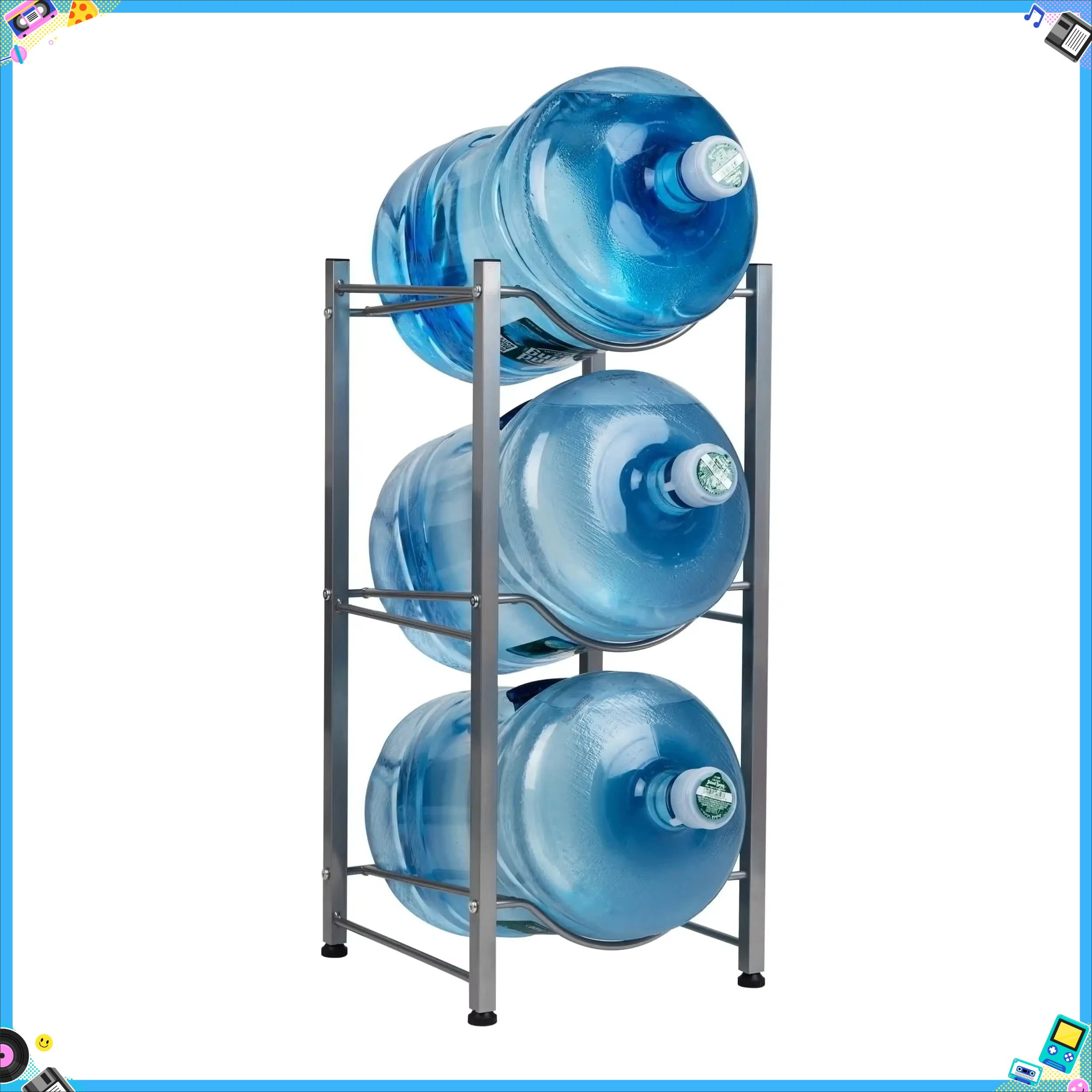 El estante para botellas de agua contiene tres galones - Soporte de almacenamiento de metal plateado - 13,5 x 13,5 x 28,75 pulgadas para dispensadores de oficina en casa