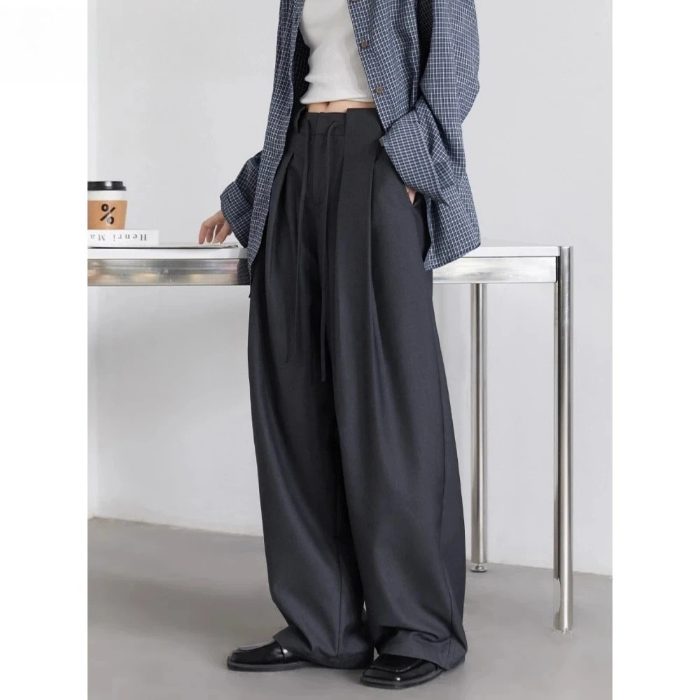 Women Pants Solid Loose Casual Wide Leg Pant Drawstring Pleated Female Suit Trousers Office Ladies Sping Autumn