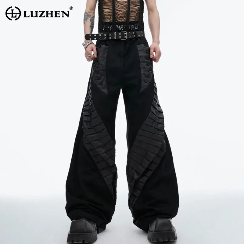 LUZHEN 2024 Stylish New Original Leather Splicing Design Casual Pants Men's Trendy Personalized Niche Loose Bell-bottoms LZ7584