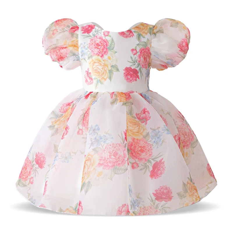 

Summer Floral Party Dress For Girl Children Costume Fluffy Birthday Princess Dresses Girls Clothes Puff Sleeve Wedding Gown