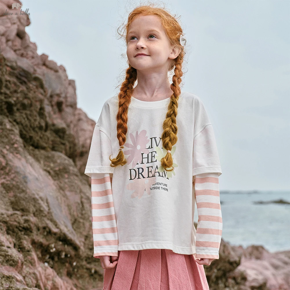 

Футболка Dave Bella для девочек, весна-осень, с принтом, имитация двухслойного топа, повседневная, милая, для улицы и вечеринок, DK1261096