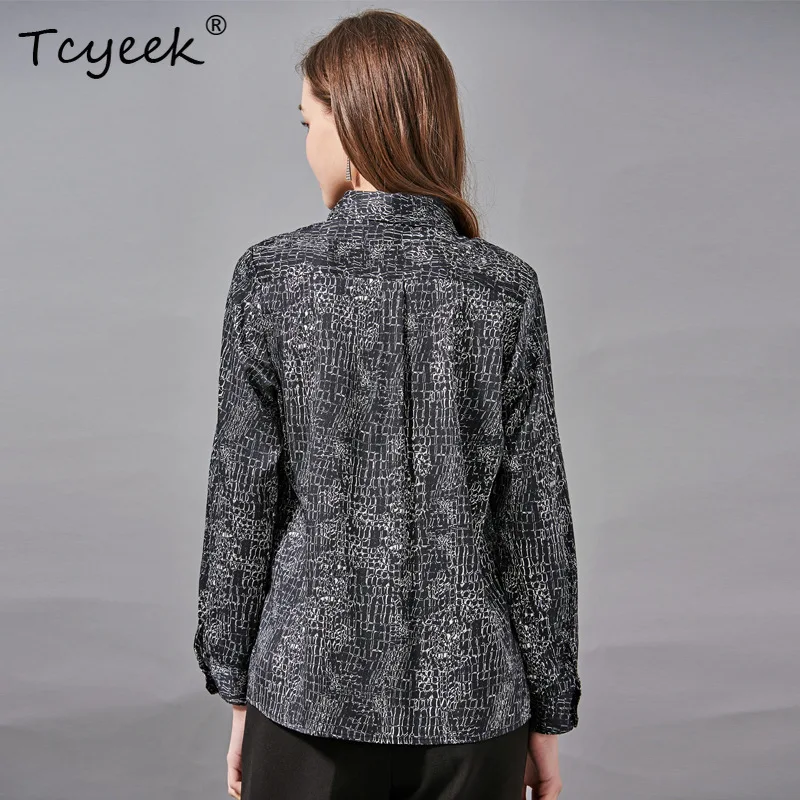 

Tcyeek, 100%Real Silk Elegant Shirt, Women Bow Collar Plaid, Vintage Fashion Commute Blouses, 2024 Autumn Winter Tops T48008QM