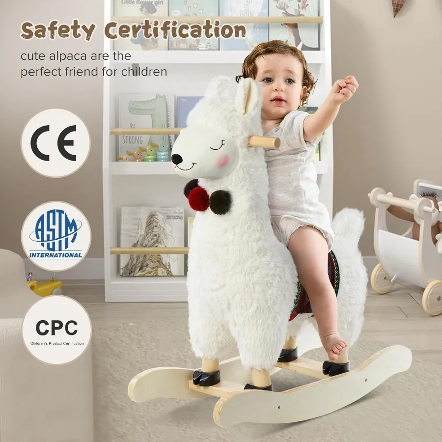 Drewniany konik na biegunach dla niemowląt, pluszowe zwierzątka na biegunach, biały, zabawki do jeżdżenia dla dzieci w wieku 1-3 lat, konik na biegunach lama dla dziewczynki