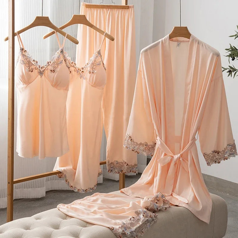 

Spring Summer 5PCS PAJAMAS SET Sexy Lace Trim Bath Robe Nightgown Female Satin Cami Pijamas Suit Loose Home Clothes Lounge wear