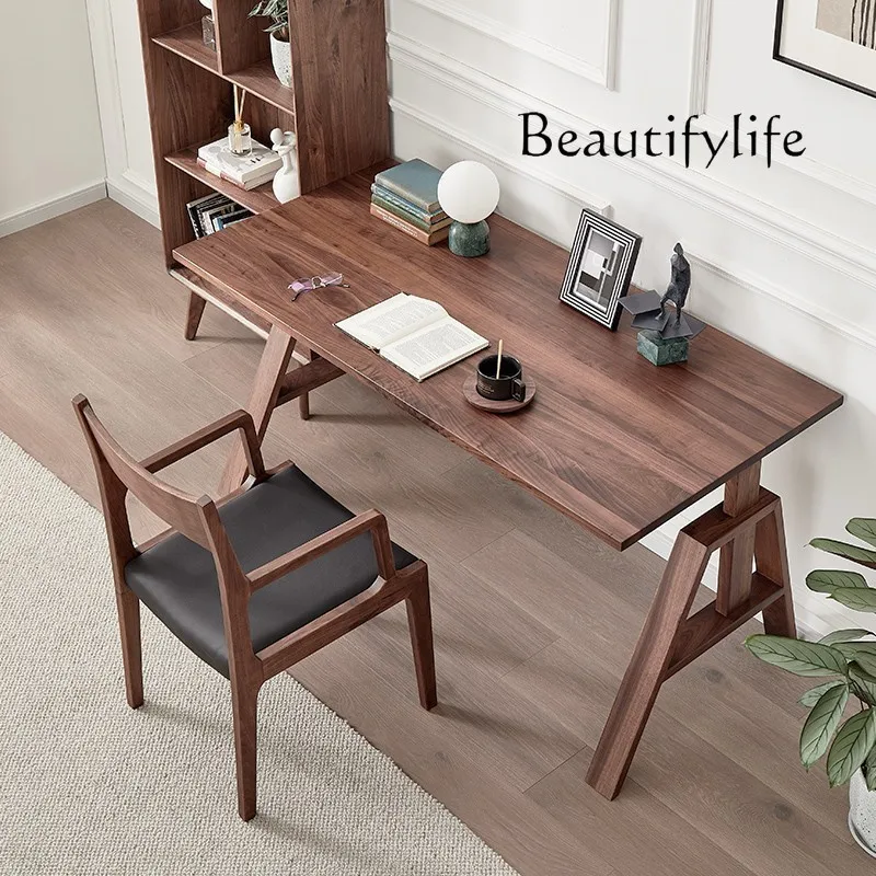 Nordic Light Luxury Black Walnut Wooden Desk New Chinese Home Writing Desk Modern Minimalist Writing Desk