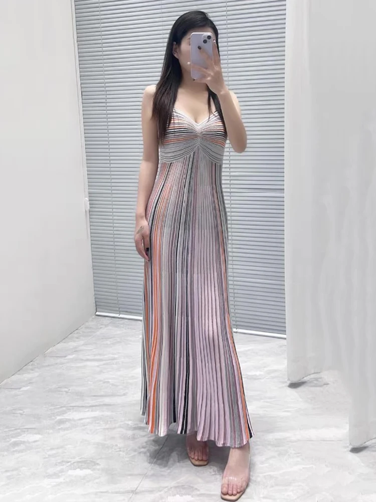 

Colorful Striped Pleated Dress Holiday Style Stretch Slim Sleeveless Halter Women's Dresses 2025 Summer New