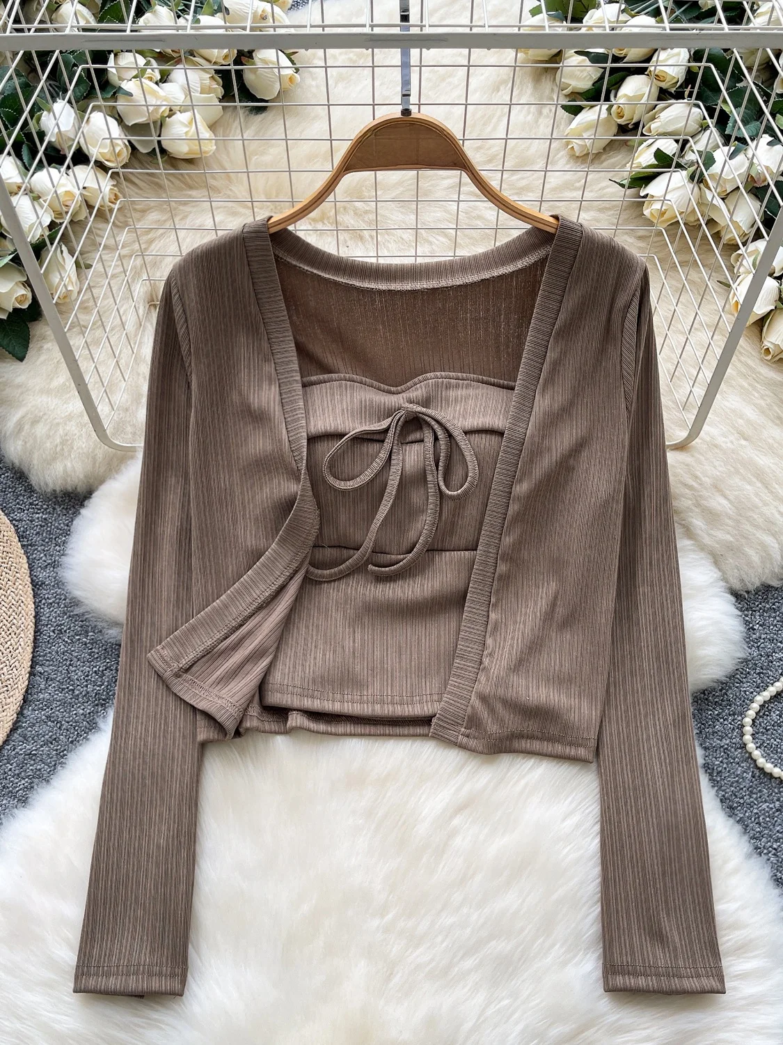 

Женский осенний комплект Ele из двух предметов Pure Desire Spicy Girl с поясом Svel Tube Top ort Long Sve Open Cardiga...