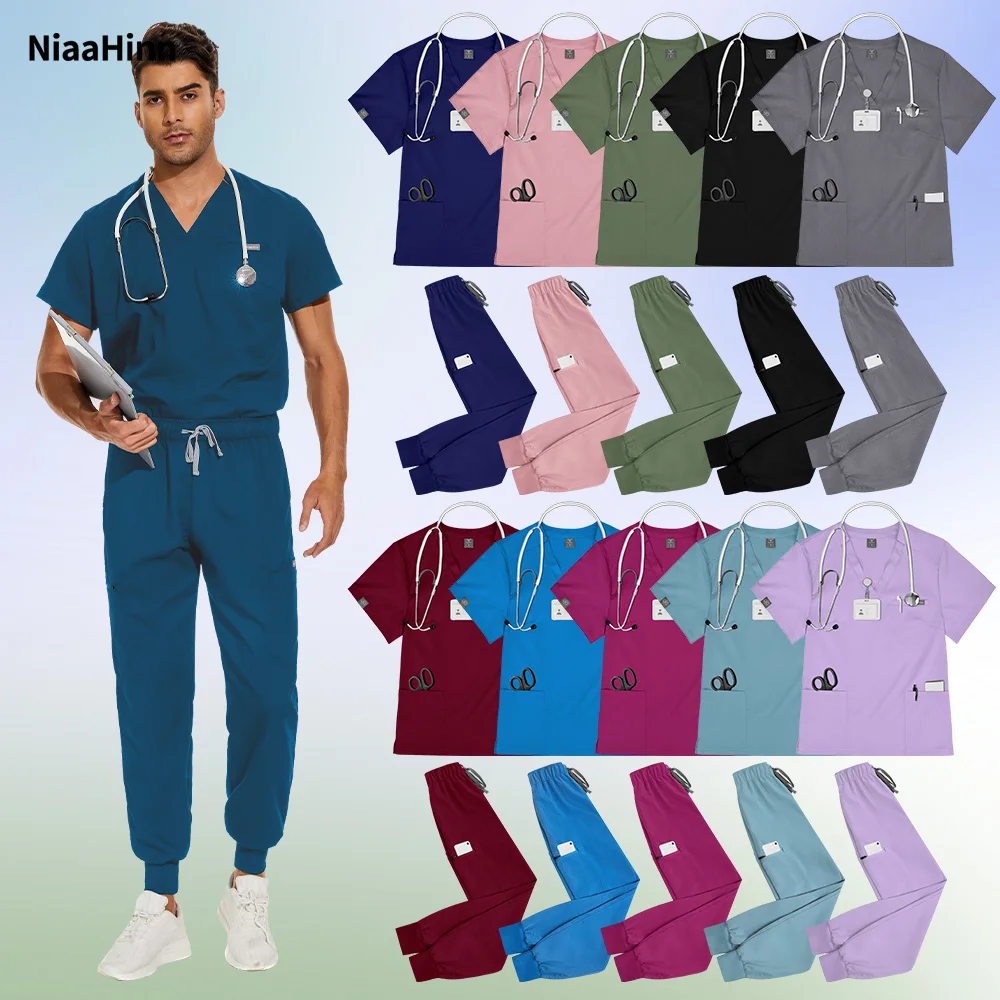 ชุดยูนิฟอร์มแพทย์พยาบาล นีอาฮินน์ เสื้อคอวี กางเกงจ็อกเกอร์ ชุดผ่าตัดสำหรับผู้ชาย ชุดพยาบาล ชุดทันตแพทย์ ชุดพยาบาลสัตว์เลี้ยง ชุดแพทย์โรงพยาบาลสัตว์