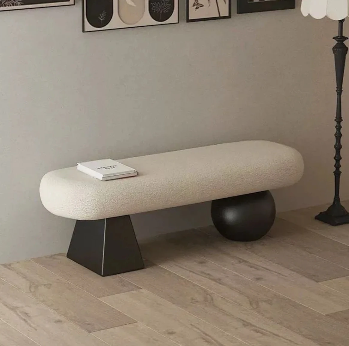

*Modern Wooden Long Stool Ottoman Home Bench Legs Oval Teddy Fabric Cushion Soft Storage Apartment Bedroom Living Room Furniture