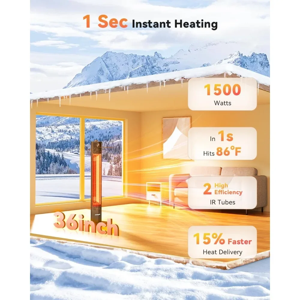 Patio Heater for Outdoor Use,1500W Infrared Heater, 36 in Portable Tower Heater, 3 Heat Levels, IPX5 Waterproof, Tip-Over