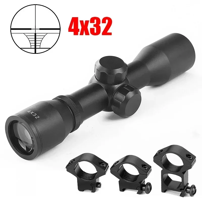 Tactical Hunting Optical 4x32 Airsoft Optical Rifle Scope Sight with Rail Mount Rifle Telescope Double Crosshair Sight Shooting