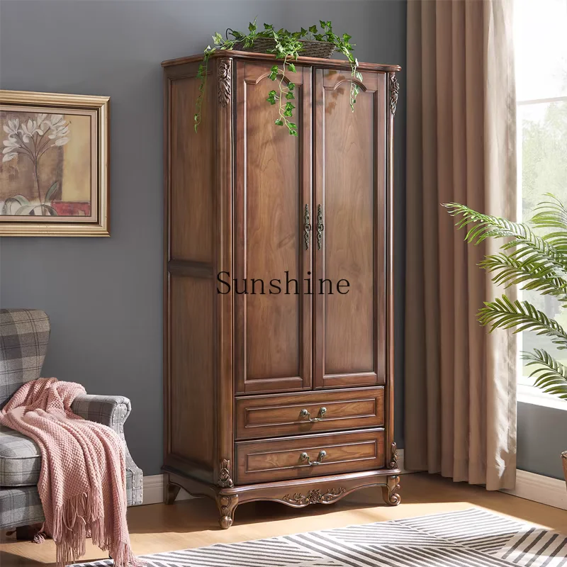 

American rural solid wood carving flower double door wardrobe small apartment retro old