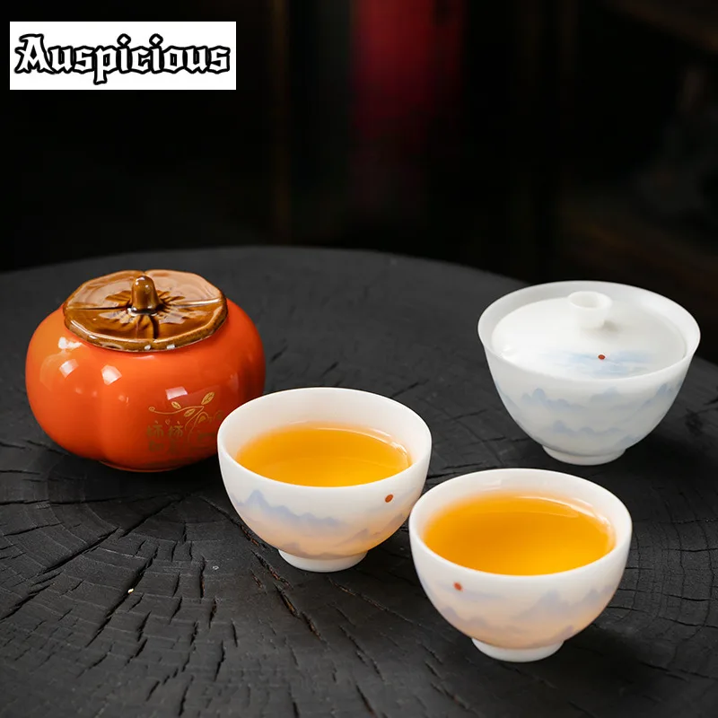 Boutique Persimmon Ruyi Tea caddy Mutton Fat Jade Porcelain Teaware Aesthetic 1 Bowl 2 Cups Tea Maker Portable Laatjer Bag Gifts