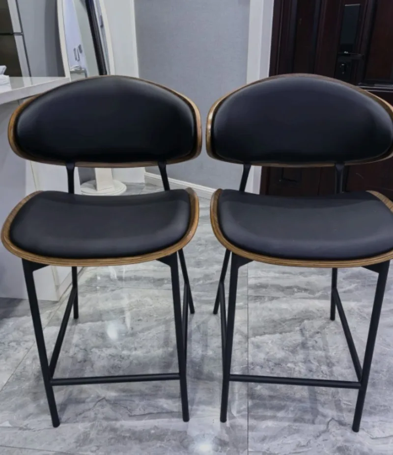 Modern Industrial Counter Stool Curved Back Leather Cushion Iron Support Adjustable Height Household Kitchen Seat