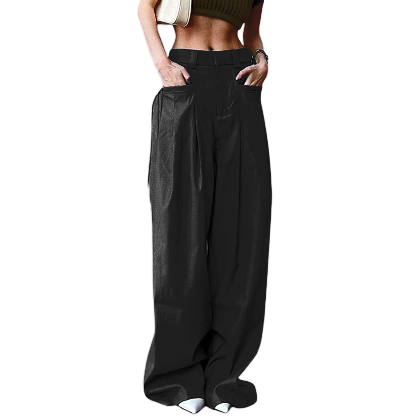 

HEZIOWYUN Women's Y2K Gothic Aesthetic Wide-Leg Long Trousers Solid Color Loose Fit Low Waist Pants with Pockets Streetwear