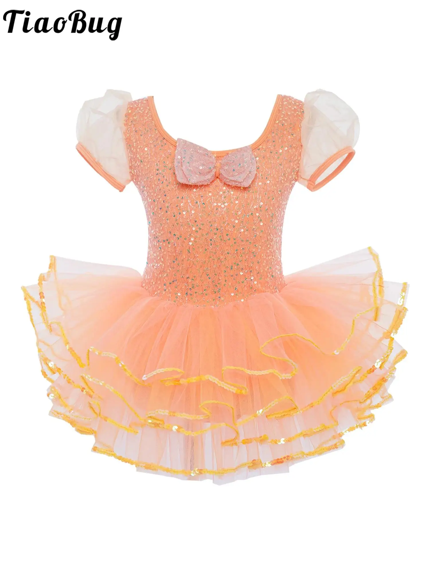 

Kids Girls Tutu Swan Ballet Dance Dresses Stage Performance Dance-wear Short Puff Sleeves Bowknot Layered Sequins Tutu Dress