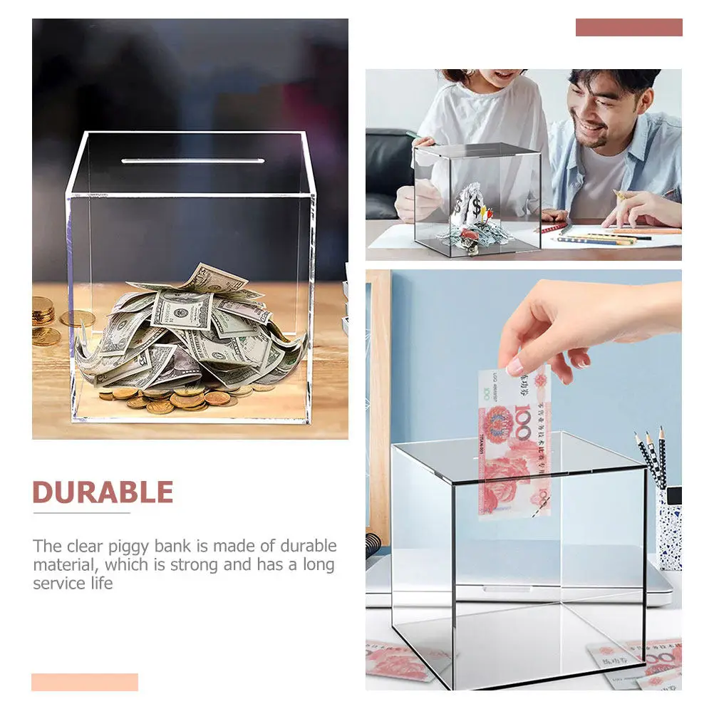 Transparent Clear Piggy Bank Acrylic Coin Container Cube Savings Jar Desktop Money Storage Box for Kids Adults Money Saving Box