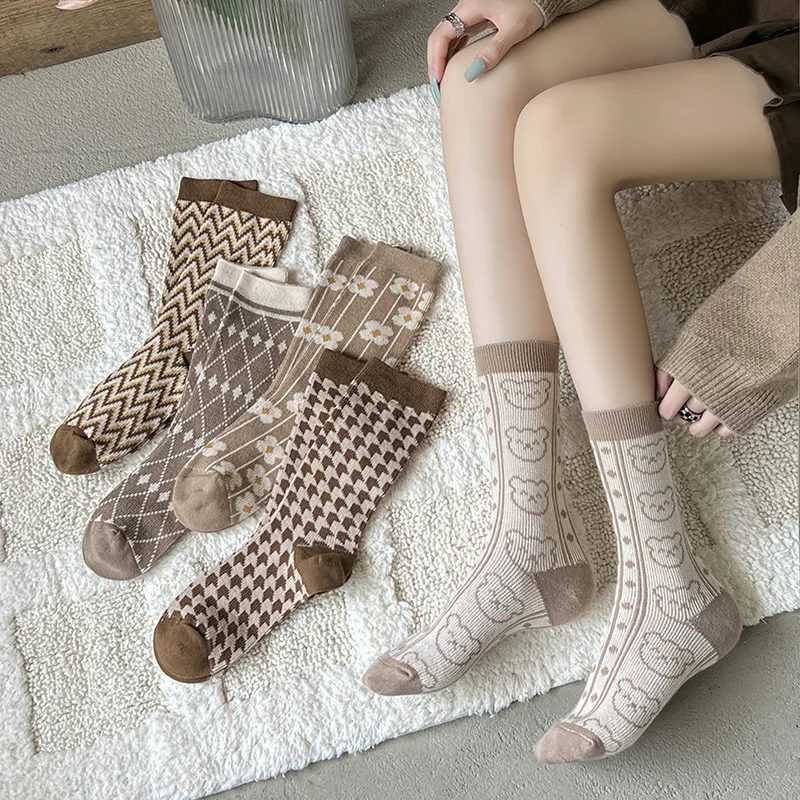 1/5 Pairs شتاء جديد ريترو المتناقضة اللون شخصية القطن الخالص طويل جوارب أنبوبية عادية ومريحة منتصف جوارب أنبوبية #3