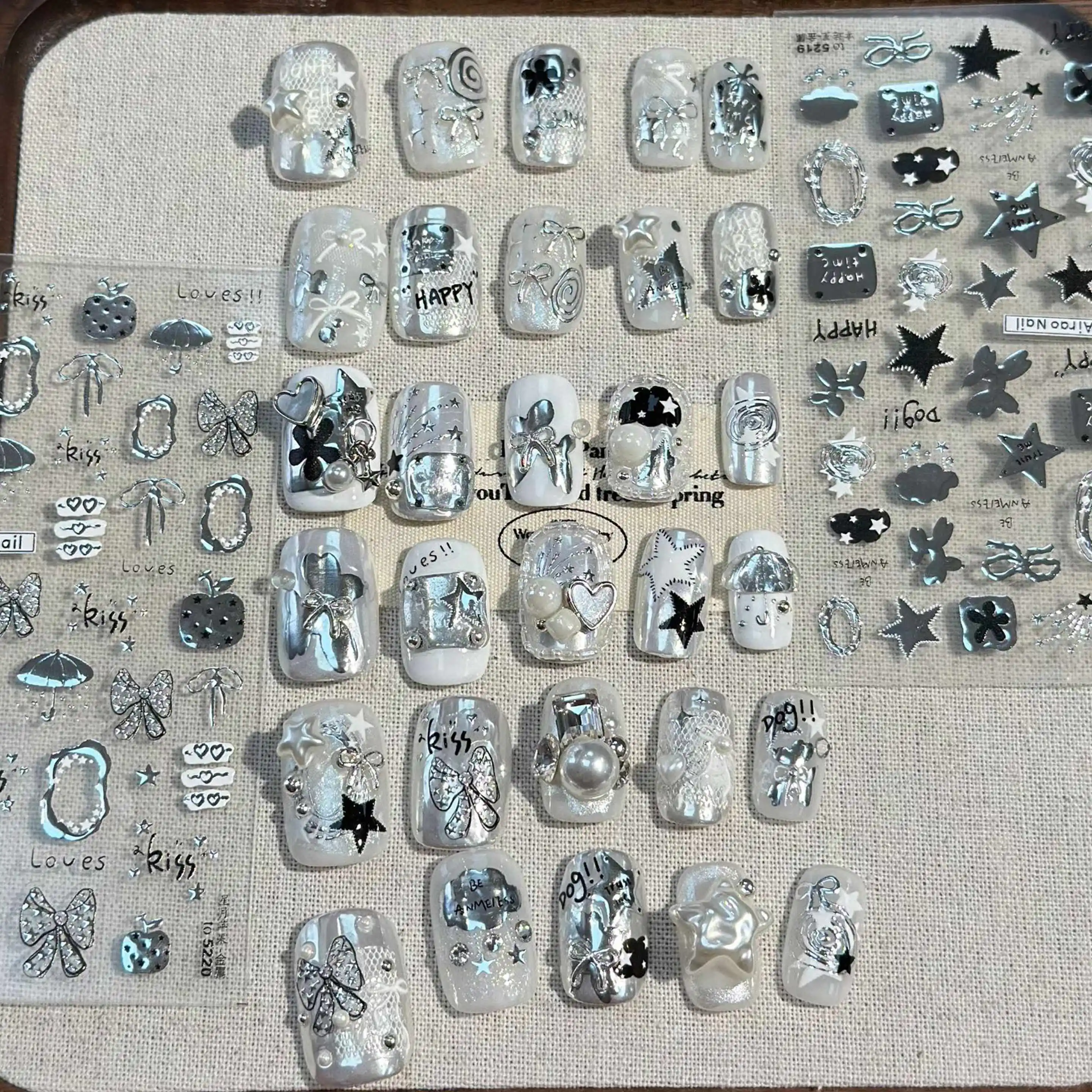 สติกเกอร์ติดเล็บลายหมียีนส์สีน้ำเงิน TSZS 5D Y2k ลายดาวสีเงินโบว์แมว สติกเกอร์ติดเล็บ INS Y2K