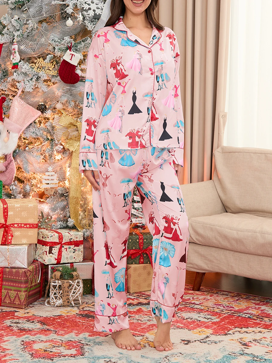 Cute Y2k Christmas Pajama Sets for Women Ballet Print Satin Silk Long Sleeve Shirt and Pants 2 Piece Lounge Set Sleepwear