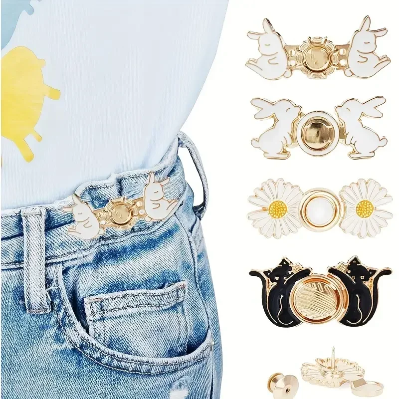 Juego de 4 botones de jeans sin costuras, hebillas ajustables para la cintura - Clips metálicos desmontables para ajustar la cintura de pantalones con lindos diseños de conejo, gato y margarita, accesorios de moda para reducir la cintura de las mujeres